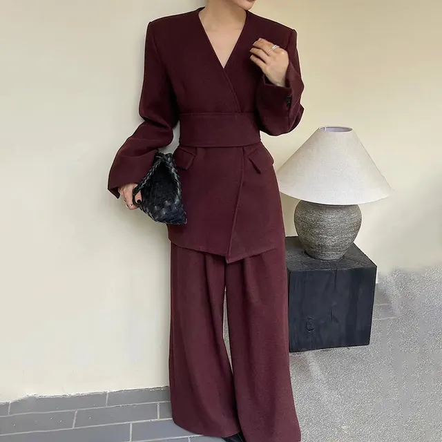 High grade Waist tight Thin Looking Suit Coat And Trousers Two piece Set Angora Red - Shop at LoveMi