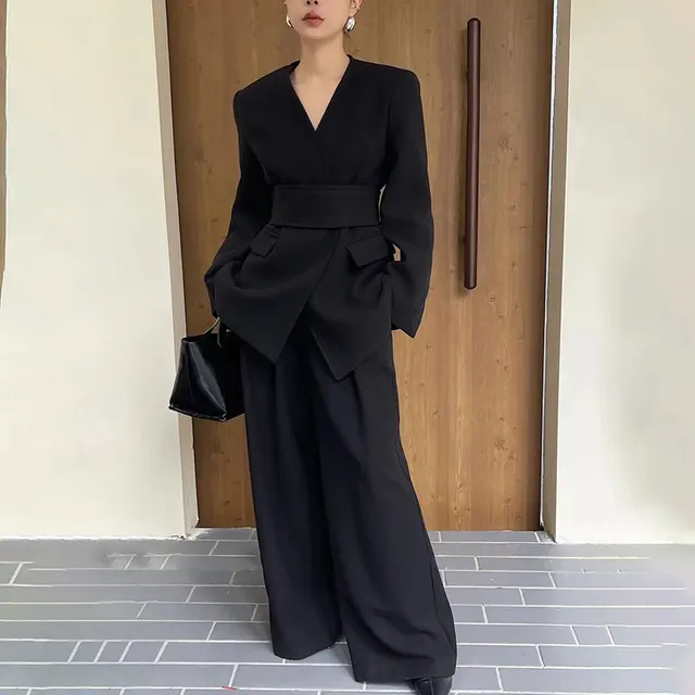 High grade Waist tight Thin Looking Suit Coat And Trousers Two piece Set Black - Shop at LoveMi