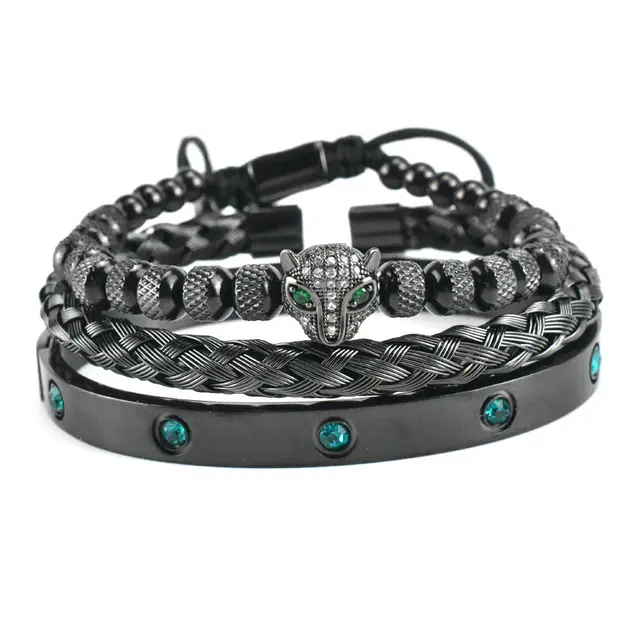 Micro inlaid Green Eye Leopard Head Bracelet Stainless Steel Green Zircon Ten Diamond Bracelet Black 2 - Shop at LoveMi