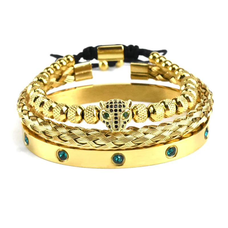 Micro-inlaid Green Eye Leopard Head Bracelet Stainless Steel Green Zircon Ten Diamond Bracelet - Gold 2 - View 1
