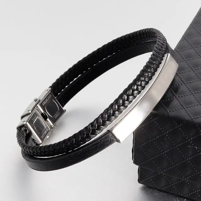 Men's Stainless Steel Genuine Leather Bracelet Black 21Cm - Shop at LoveMi