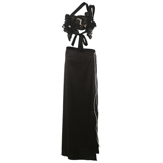 Backless Sequined Lace up Top Split Solid Skirt Suit Black - Shop at LoveMi