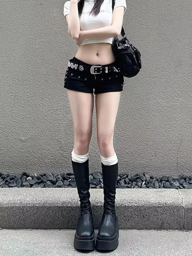 Low Rise Riveted Micro Shorts Black - Shop at LoveMi