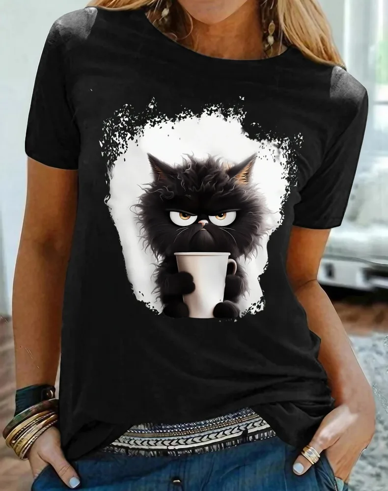 Women's T Shirt Tee Cat Daily Weekend Black Print Short Slee - Black
