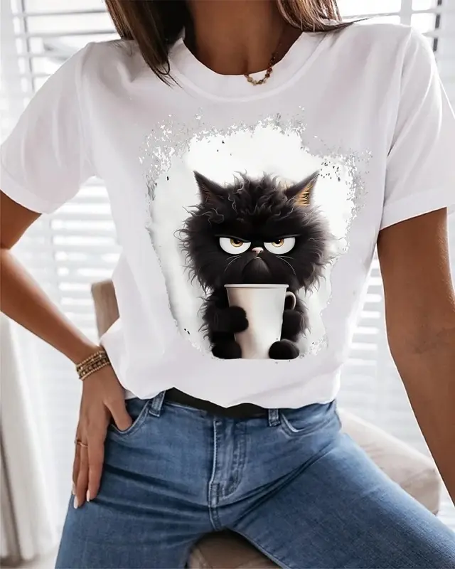 Women's T Shirt Tee Cat Daily Weekend Black Print Short Slee White - Shop at LoveMi