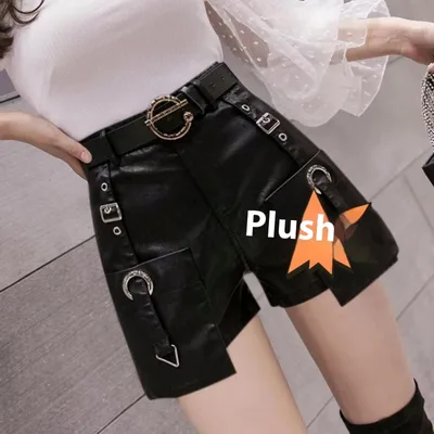 High Waist Slimming Fashion All match Wide Leg Leather Shorts Boot Pants 5588 Black Plus Velvet None - Shop at LoveMi