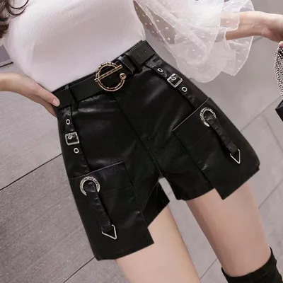 High Waist Slimming Fashion All match Wide Leg Leather Shorts Boot Pants Black - Shop at LoveMi