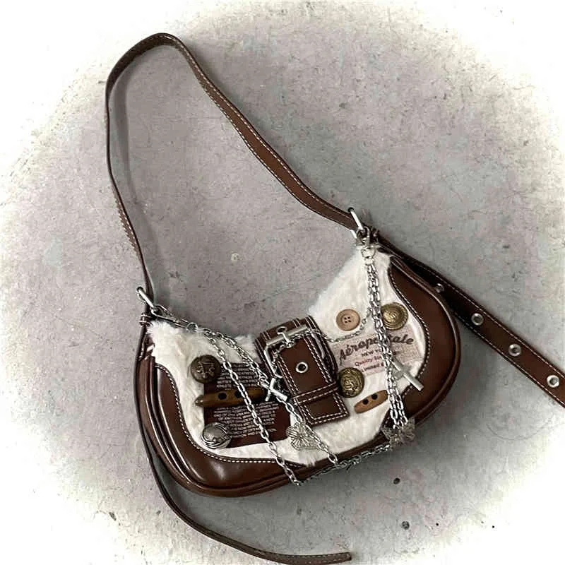 Millennium Button Niche Cute Crossbody Y2g Crescent Shoulder Bag For Women Brown - Shop at LoveMi