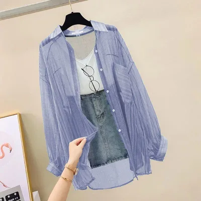 Thin Coat Loose All match Clothes Women's Long Sleeve Chiffon Cardigan Shirt Blue - Shop at LoveMi