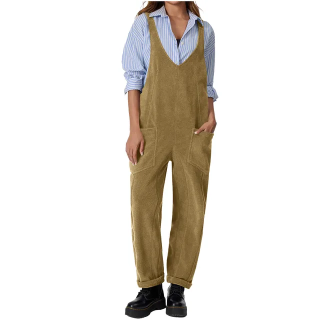 Casual Suspender Trousers Polar Fleece Tooling Style Jumpsuit Khaki - Shop at LoveMi