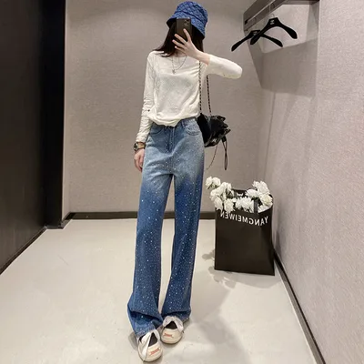 Women's Rhinestone Narrow Wide leg Jeans Blue - Shop at LoveMi