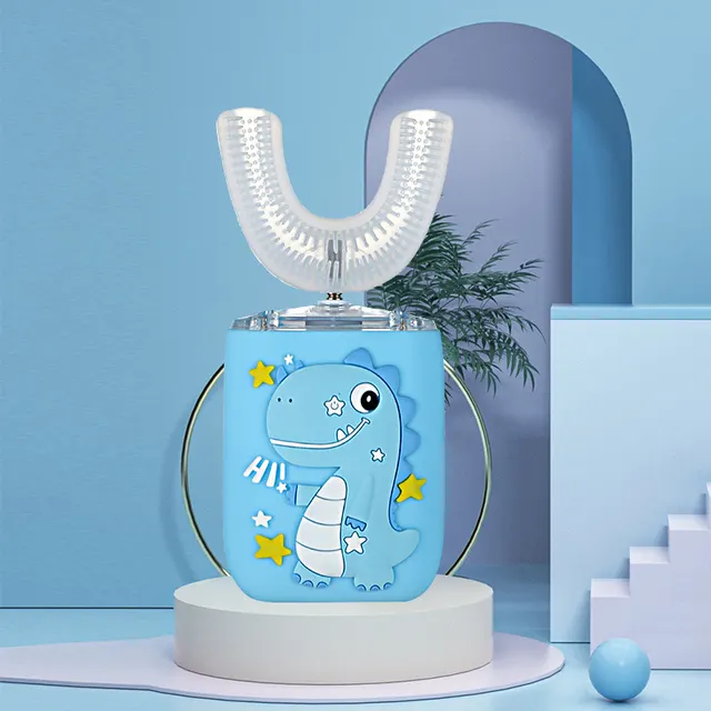 U shaped Children's Intelligent Electric Toothbrush Ultrasonic Dinosaur Light Blue - Shop at LoveMi