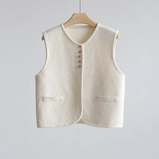 Static Luxury Old Money Style Round Neck Golden Bean Buckle Knitted Vest Rice Apricot - Shop at LoveMi