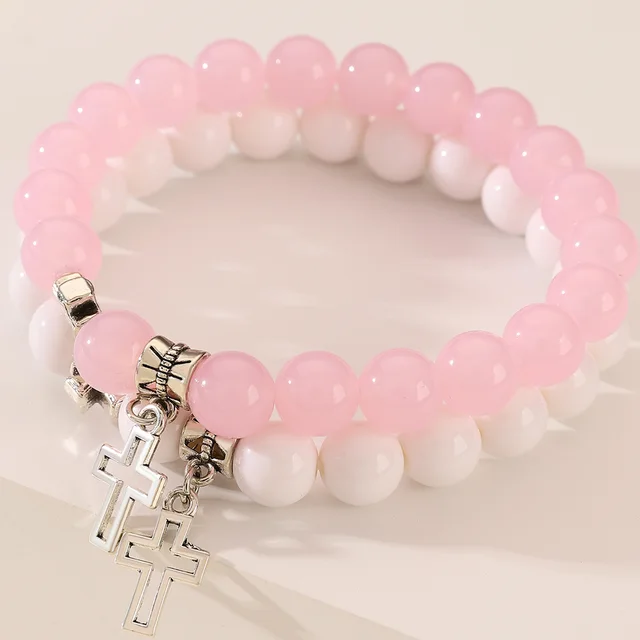 Hollow Cross Color Beaded Bracelet White Pink - Shop at LoveMi