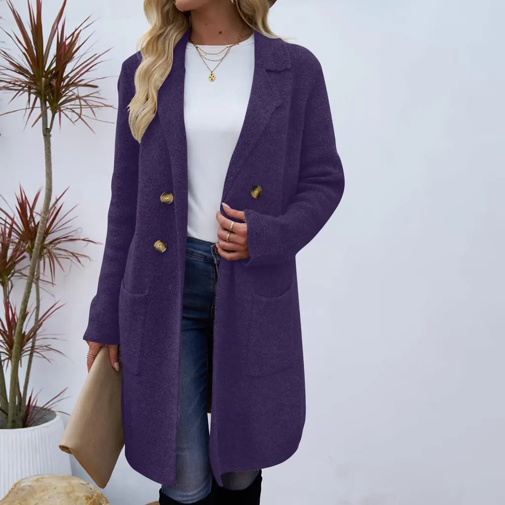 Women's Fashionable All-match Mid-length Woolen Coat Suit Jacket - A20 Dark Purple