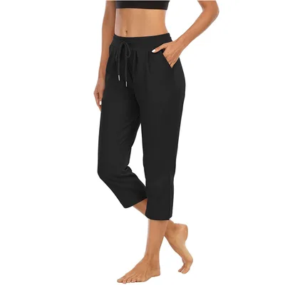 Women's Solid Color Pocket High Top Sports Fitness Yoga Wide Leg Cropped Pants Cropped Pants Black - Shop at LoveMi