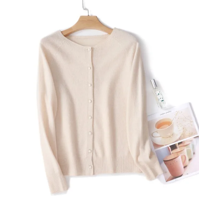 Spring And Autumn New Simple Women's Wool Round Neck Thin High grade Outerwear Knitted Coat Beige - Shop at LoveMi