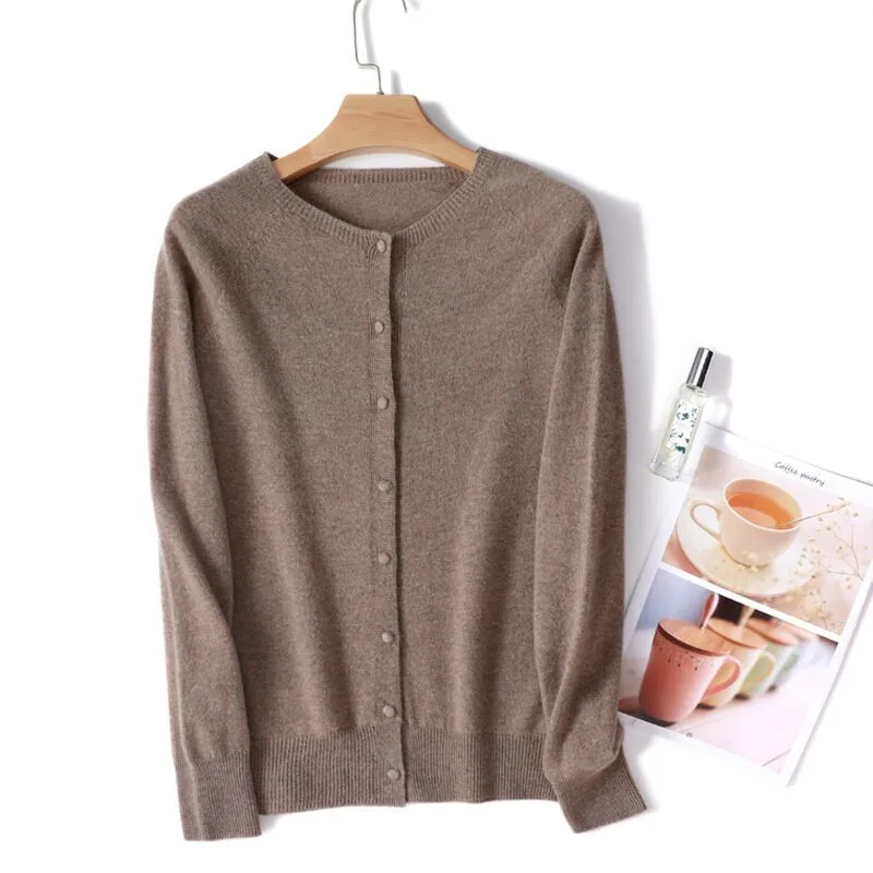 Spring And Autumn New Simple Women's Wool Round Neck Thin High grade Outerwear Knitted Coat Camel - Shop at LoveMi