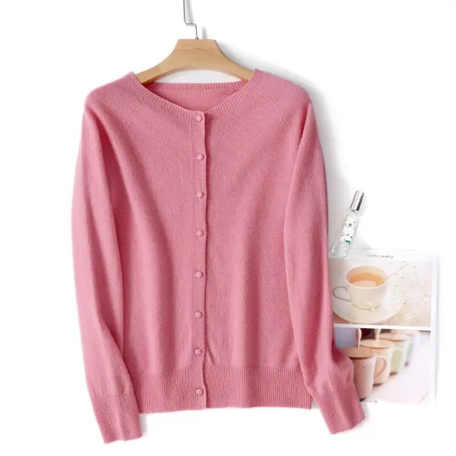 Spring And Autumn New Simple Women's Wool Round Neck Thin High grade Outerwear Knitted Coat Pink - Shop at LoveMi