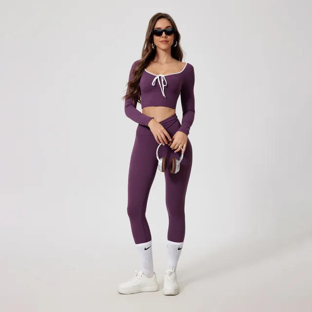 Round neck High Waist Quick drying Long Sleeve Yoga Wear Suit Grape Thistle Purple - Shop at LoveMi