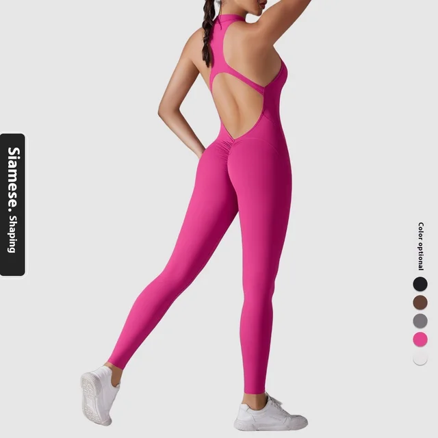 Solid Color Nude Feel High Strength Tight Sports Back Shaping Long Jumpsuit Pitaya Color - Shop at LoveMi