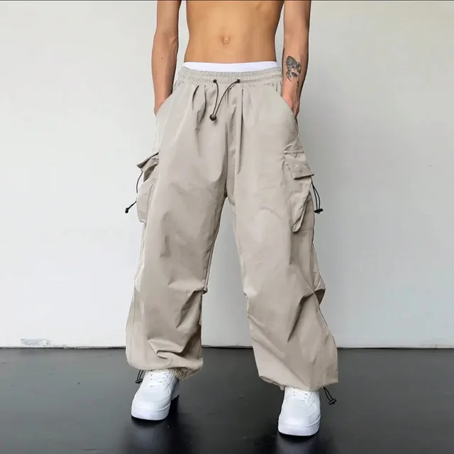 Multi pocket Adjustable Drawstring Casual Loose Trousers Men And Women Apricot - Shop at LoveMi