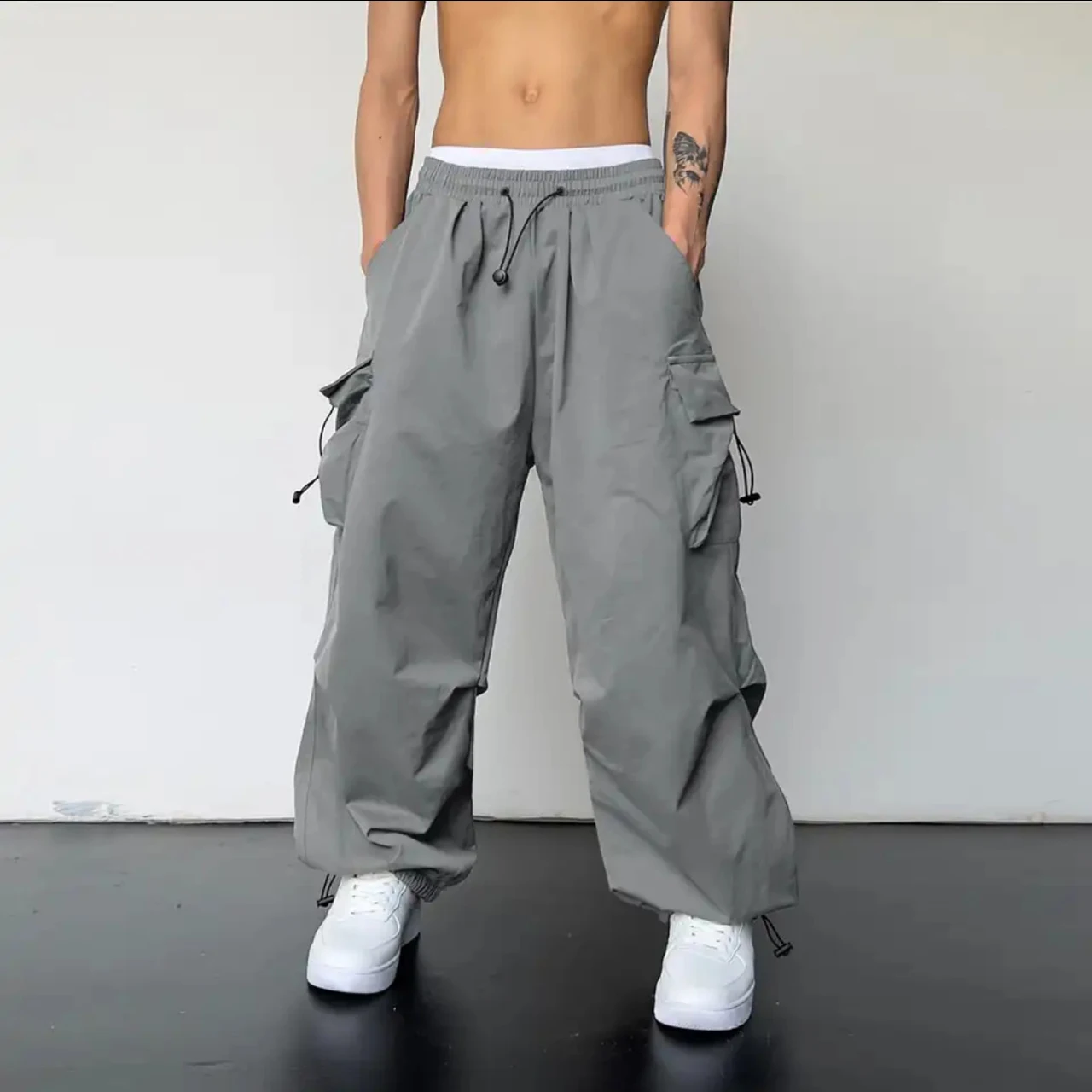 Multi-pocket Adjustable Drawstring Casual Loose Trousers Men And Women - Gray