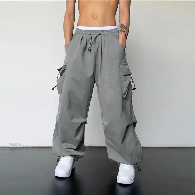 Multi pocket Adjustable Drawstring Casual Loose Trousers Men And Women Gray - Shop at LoveMi
