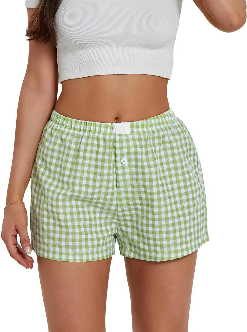 Vacation Simple Plaid Beach Shorts Women's Loose Casual Pants - Light Green