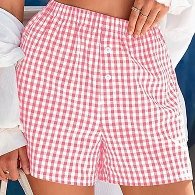 Holiday Women's Casual High Waist Loose Fashion Plaid Shorts - Pink