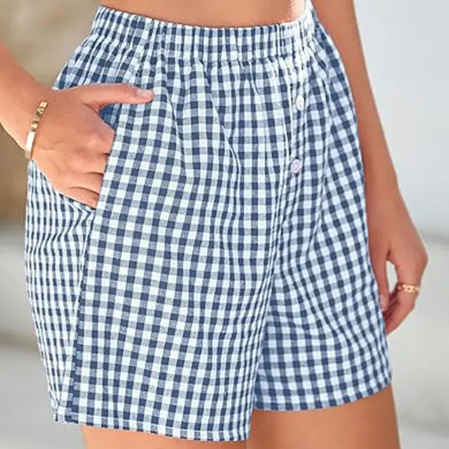 Holiday Women's Casual High Waist Loose Fashion Plaid Shorts Sky Blue - Shop at LoveMi