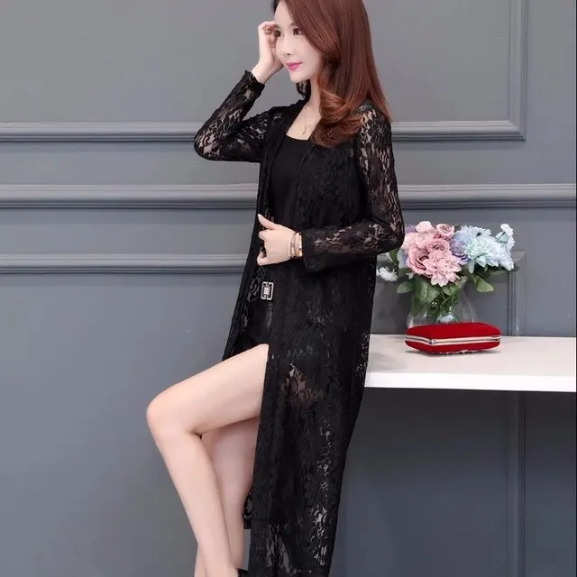 Lace Cardigan Mid length Mesh Shawl Outer Match Loose Overknee Sun Protection Clothing Women's Coat Black Without Lace - Shop at LoveMi