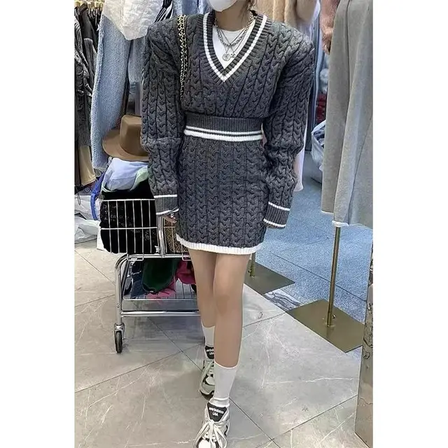 Autumn Winter Retro Contrast Color Hemp Pattern Sweater Skirt Two piece Set For Women Dark Gray - Shop at LoveMi