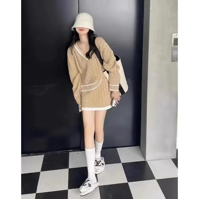 Autumn Winter Retro Contrast Color Hemp Pattern Sweater Skirt Two piece Set For Women Khaki - Shop at LoveMi