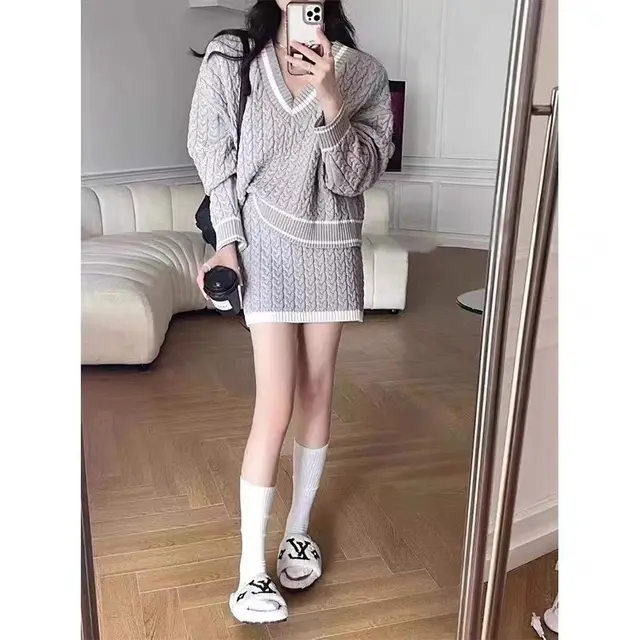 Autumn Winter Retro Contrast Color Hemp Pattern Sweater Skirt Two piece Set For Women Light Gray - Shop at LoveMi