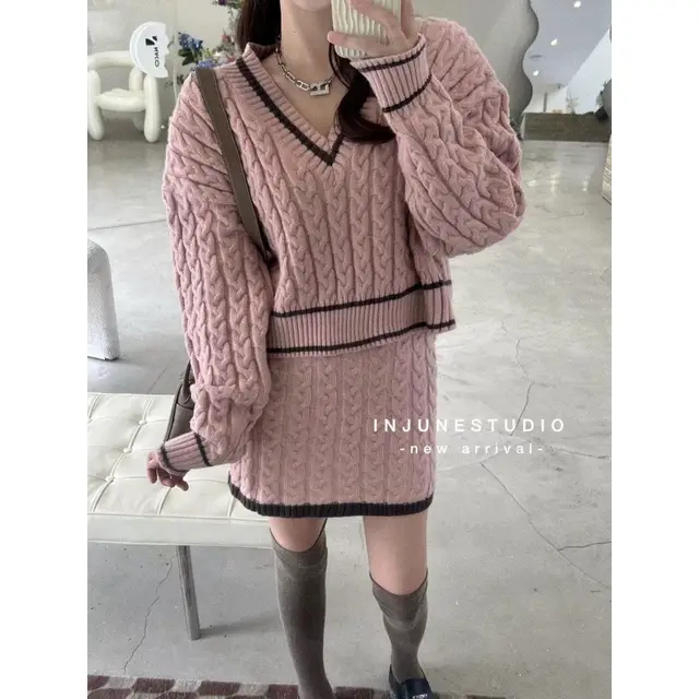 Autumn Winter Retro Contrast Color Hemp Pattern Sweater Skirt Two piece Set For Women Pink - Shop at LoveMi