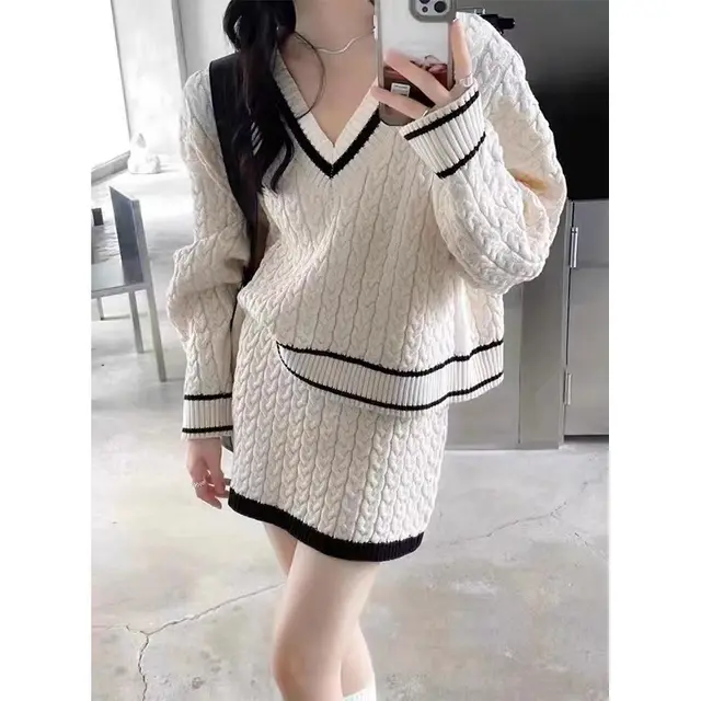 Autumn Winter Retro Contrast Color Hemp Pattern Sweater Skirt Two piece Set For Women White - Shop at LoveMi