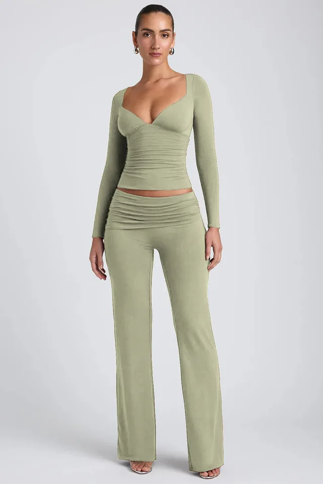Leisure Wide Leg Sports High waist Quick drying Hip Raise Skinny Bell bottom Pants Suit Light Green - Shop at LoveMi