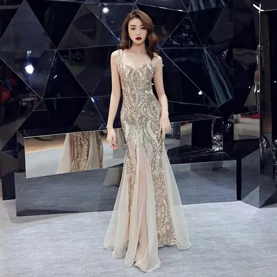 Fishtail Long Summer Sequins Sling Evening Dress Banquet Gold - Shop at LoveMi