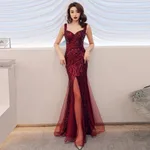 Fishtail Long Summer Sequins Sling Evening Dress Banquet - Purplish Red