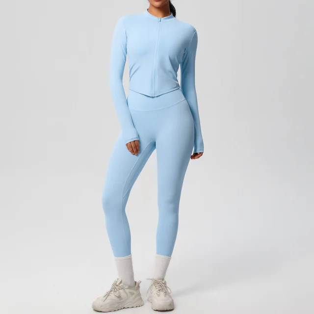 Solid Color Double sided Brushed Nude Feel Jacket Long sleeved Suit Skinny Running Two piece Set Sky Blue - Shop at LoveMi