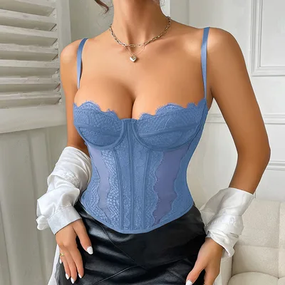 Women Tanks Lace Spaghetti Strap Top Summer Sleeveless Tops Open Back Bone Corset Bustier Sexy Slim Lingerie Bodyshaper Camisole Haze Blue - Shop at LoveMi