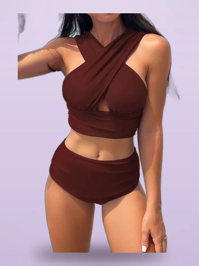 Cross halterneck Pleated Swimsuit Solid Color Sexy Summer Beach Vacation Swimsuit Coffee Brown - Shop at LoveMi