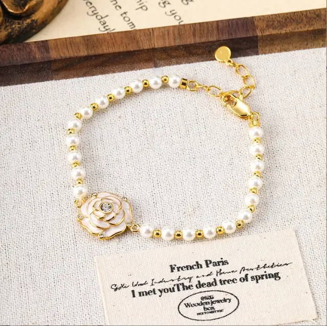 Simple Temperament Oil spot Glaze Flowers Butterfly Pearl Bracelet Bk1055 Beaded White - Shop at LoveMi