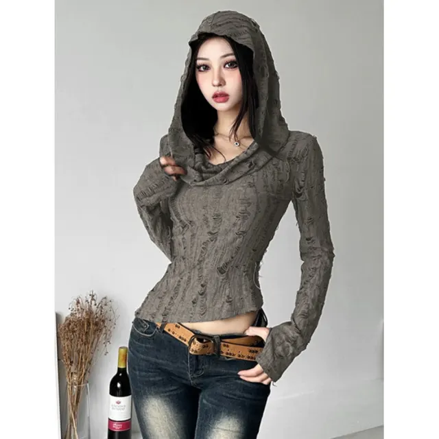 Waste Soil Style Hooded T shirt Women's Autumn New Gray - Shop at LoveMi