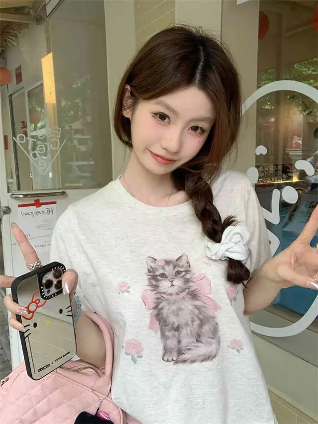 Cat Printing Short sleeved T shirt For Women Round Neck Loose Top Gray - Shop at LoveMi