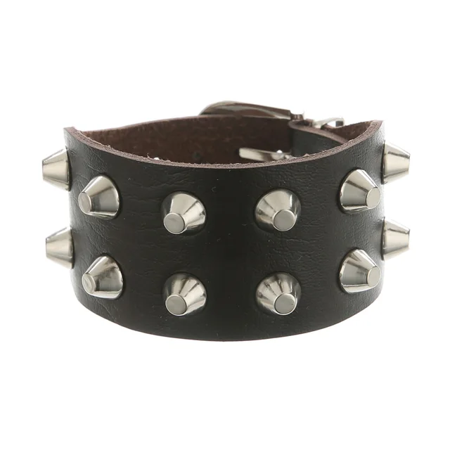 Metal Rock Double Row Flat Rivet Bracelet PU Bracelet Bracelet Dark Coffee Color - Shop at LoveMi