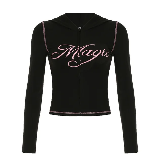 Letter Printing Reverse Car Contrast Color Hooded Zipper Short Sweater Trousers Casual Suit Women 23523 Black Top - Shop at LoveMi