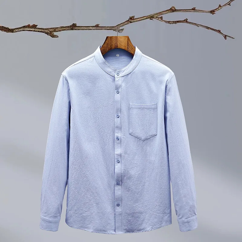Cotton And Linen Solid Colour National Style Men's Shirt - Blue