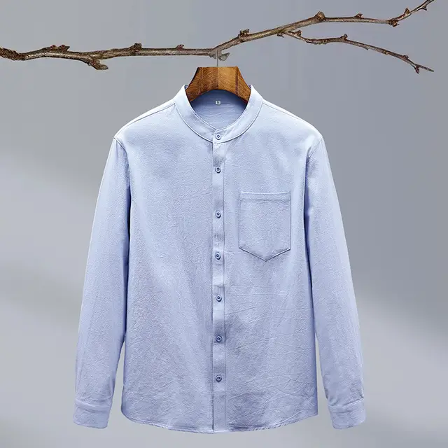 Cotton And Linen Solid Color National Style Men's Shirt Blue - Shop at LoveMi